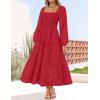 imageZESICA Womens Fall Long Sleeve Maxi Dresses 2025 Square Neck Hollow Out Eyelet Smocked A Line Boho Wedding Guset DressRed