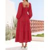 imageZESICA Womens Fall Long Sleeve Maxi Dresses 2025 Square Neck Hollow Out Eyelet Smocked A Line Boho Wedding Guset DressRed