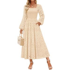 imageZESICA Womens Fall Long Sleeve Maxi Dresses 2025 Square Neck Hollow Out Eyelet Smocked A Line Boho Wedding Guset DressApricot