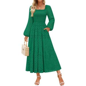 imageZESICA Womens Fall Long Sleeve Maxi Dresses 2025 Square Neck Hollow Out Eyelet Smocked A Line Boho Wedding Guset DressGreen