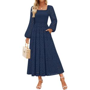 imageZESICA Womens Fall Long Sleeve Maxi Dresses 2025 Square Neck Hollow Out Eyelet Smocked A Line Boho Wedding Guset DressNavy