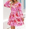imageZESICA Fall Long Sleeve Floral Dress for Women 2025 Casual V Neck Smocked A Line Flowy Boho Mini Dresses with PocketsRed