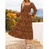 imageZESICA Womens 2025 Fall Floral Midi Dress Long Sleeve Smocked Flowy Long Wedding Guest Vacation DressesBrown