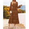 imageZESICA Womens 2025 Fall Floral Midi Dress Long Sleeve Smocked Flowy Long Wedding Guest Vacation DressesBrown