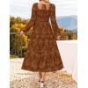 imageZESICA Womens 2025 Fall Floral Midi Dress Long Sleeve Smocked Flowy Long Wedding Guest Vacation DressesBrown