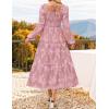 imageZESICA Womens 2025 Fall Floral Midi Dress Long Sleeve Smocked Flowy Long Wedding Guest Vacation DressesPink