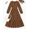 imageZESICA Womens Fall Boho Floral Midi Dress 2025 Casual Long Sleeve Crewneck Flowy Wedding Guest Long DressesCaramel