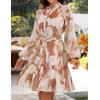 imageZESICA Womens Fall Floral Mini Dress 2025 Long Sleeve Button Down Chiffon A Line Flowy Short Shirt Dresses with BeltBrown