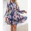 imageZESICA Womens Fall Floral Mini Dress 2025 Long Sleeve Button Down Chiffon A Line Flowy Short Shirt Dresses with BeltDark Blue