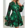 imageZESICA Womens Fall Floral Mini Dress 2025 Long Sleeve Button Down Chiffon A Line Flowy Short Shirt Dresses with BeltDark Green