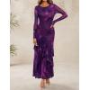 imageZESICA Womens Floral Bodycon Maxi Dresses 2025 Fall Boho Long Sleeve Mesh Ruffle Mermaid Wedding Cocktail Party DressPurple