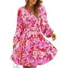 imageZESICA Fall Long Sleeve Floral Dress for Women 2025 Casual V Neck Smocked A Line Flowy Boho Mini Dresses with PocketsRed