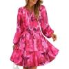 imageZESICA Fall Long Sleeve Floral Dress for Women 2025 Casual V Neck Smocked A Line Flowy Boho Mini Dresses with PocketsRose