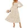 imageZESICA Womens 2025 Fall Floral Midi Dress Long Sleeve Smocked Flowy Long Wedding Guest Vacation DressesApricot