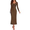 imageZESICA Womens Fall Floral Long Sleeve Bodycon Dress 2025 Boho V Neck Cocktail Party Long Midi DressesBrown