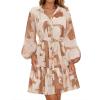 imageZESICA Womens Fall Floral Mini Dress 2025 Long Sleeve Button Down Chiffon A Line Flowy Short Shirt Dresses with BeltBrown