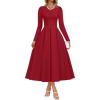imageZESICA Womens Long Sleeve Midi Dresses 2025 Fall Elegant Crewneck Swing A Line Wedding Guest Party Dress with PocketsWine