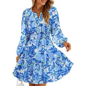 imageZESICA Fall Long Sleeve Floral Dress for Women 2025 Casual V Neck Smocked A Line Flowy Boho Mini Dresses with PocketsBlue