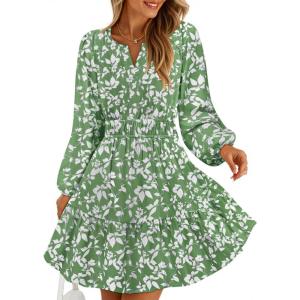 imageZESICA Fall Long Sleeve Floral Dress for Women 2025 Casual V Neck Smocked A Line Flowy Boho Mini Dresses with PocketsGreen