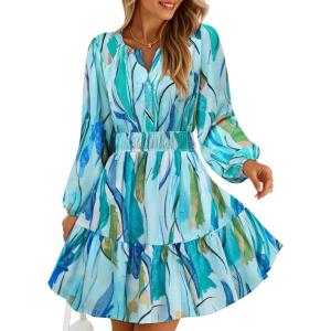 imageZESICA Fall Long Sleeve Floral Dress for Women 2025 Casual V Neck Smocked A Line Flowy Boho Mini Dresses with PocketsLake