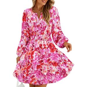 imageZESICA Fall Long Sleeve Floral Dress for Women 2025 Casual V Neck Smocked A Line Flowy Boho Mini Dresses with PocketsRed