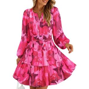 imageZESICA Fall Long Sleeve Floral Dress for Women 2025 Casual V Neck Smocked A Line Flowy Boho Mini Dresses with PocketsRose