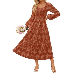 imageZESICA Womens 2025 Fall Floral Midi Dress Long Sleeve Smocked Flowy Long Wedding Guest Vacation DressesCaramel