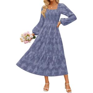 imageZESICA Womens 2025 Fall Floral Midi Dress Long Sleeve Smocked Flowy Long Wedding Guest Vacation DressesDustyblue