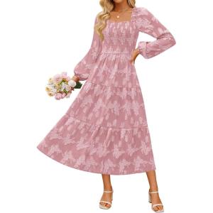 imageZESICA Womens 2025 Fall Floral Midi Dress Long Sleeve Smocked Flowy Long Wedding Guest Vacation DressesPink