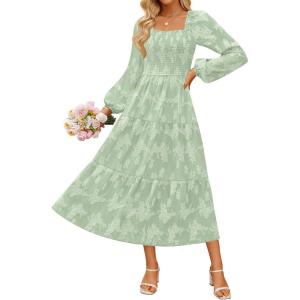 imageZESICA Womens 2025 Fall Floral Midi Dress Long Sleeve Smocked Flowy Long Wedding Guest Vacation DressesSage