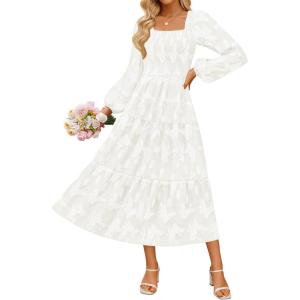 imageZESICA Womens 2025 Fall Floral Midi Dress Long Sleeve Smocked Flowy Long Wedding Guest Vacation DressesWhite