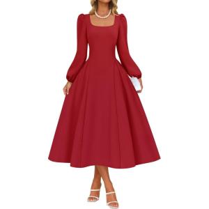 imageZESICA Womens Elegant Long Sleeve Cocktail Dresses 2025 Fall Square Neck A Line Flowy Wedding Guest Party DressRed