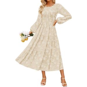 imageZESICA Womens Fall Boho Floral Midi Dress 2025 Casual Long Sleeve Crewneck Flowy Wedding Guest Long DressesApricot