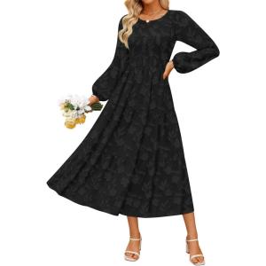 imageZESICA Womens Fall Boho Floral Midi Dress 2025 Casual Long Sleeve Crewneck Flowy Wedding Guest Long DressesBlack