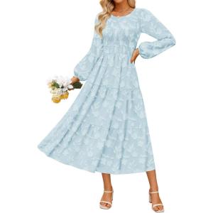 imageZESICA Womens Fall Boho Floral Midi Dress 2025 Casual Long Sleeve Crewneck Flowy Wedding Guest Long DressesBlue