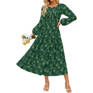 imageZESICA Womens Fall Boho Floral Midi Dress 2025 Casual Long Sleeve Crewneck Flowy Wedding Guest Long DressesDark Green