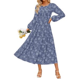 imageZESICA Womens Fall Boho Floral Midi Dress 2025 Casual Long Sleeve Crewneck Flowy Wedding Guest Long DressesDusty Blue