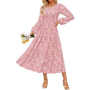 imageZESICA Womens Fall Boho Floral Midi Dress 2025 Casual Long Sleeve Crewneck Flowy Wedding Guest Long DressesPink