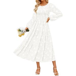 imageZESICA Womens Fall Boho Floral Midi Dress 2025 Casual Long Sleeve Crewneck Flowy Wedding Guest Long DressesWhite