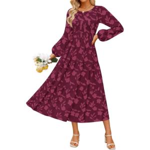imageZESICA Womens Fall Boho Floral Midi Dress 2025 Casual Long Sleeve Crewneck Flowy Wedding Guest Long DressesWine