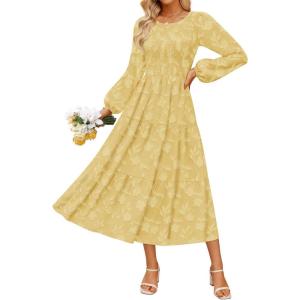 imageZESICA Womens Fall Boho Floral Midi Dress 2025 Casual Long Sleeve Crewneck Flowy Wedding Guest Long DressesYellow