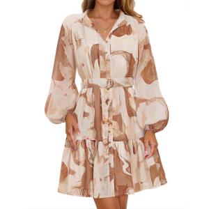 imageZESICA Womens Fall Floral Mini Dress 2025 Long Sleeve Button Down Chiffon A Line Flowy Short Shirt Dresses with BeltBrown