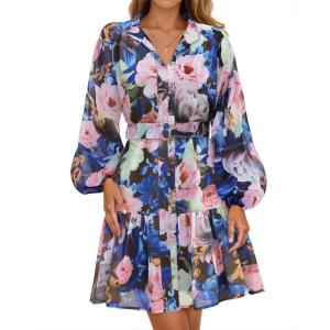 imageZESICA Womens Fall Floral Mini Dress 2025 Long Sleeve Button Down Chiffon A Line Flowy Short Shirt Dresses with BeltDark Blue