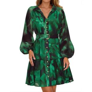 imageZESICA Womens Fall Floral Mini Dress 2025 Long Sleeve Button Down Chiffon A Line Flowy Short Shirt Dresses with BeltDark Green