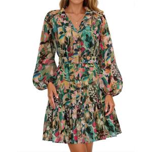 imageZESICA Womens Fall Floral Mini Dress 2025 Long Sleeve Button Down Chiffon A Line Flowy Short Shirt Dresses with BeltGreen