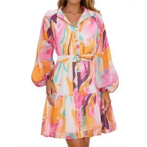 imageZESICA Womens Fall Floral Mini Dress 2025 Long Sleeve Button Down Chiffon A Line Flowy Short Shirt Dresses with BeltPink
