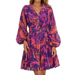 imageZESICA Womens Fall Floral Mini Dress 2025 Long Sleeve Button Down Chiffon A Line Flowy Short Shirt Dresses with BeltPurple