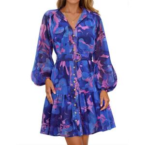 imageZESICA Womens Fall Floral Mini Dress 2025 Long Sleeve Button Down Chiffon A Line Flowy Short Shirt Dresses with BeltRoyal Blue
