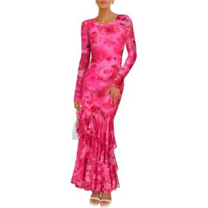 imageZESICA Womens Floral Bodycon Maxi Dresses 2025 Fall Boho Long Sleeve Mesh Ruffle Mermaid Wedding Cocktail Party DressRose