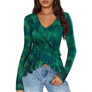 imageZESICA Womens Long Sleeve Floral Shirts V Neck Going Out Ruffle Tops Blouses 2025 Fall Fashion Clothes Outfits